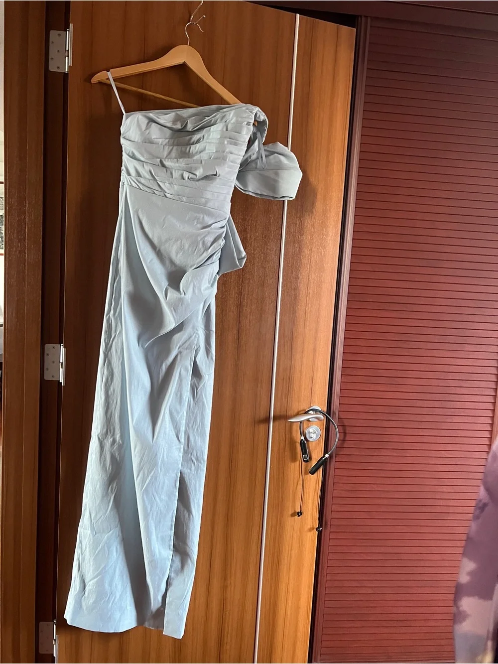 Rachel Gilbert Light Blue One-Shoulder Ruched Gown with Bow - Picture 6 of 13